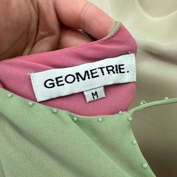 Geometrie Women’s Green Pink Y2K Floral Embroidered Dainty Bead Midi Slip Dress - Picture 3 of 11